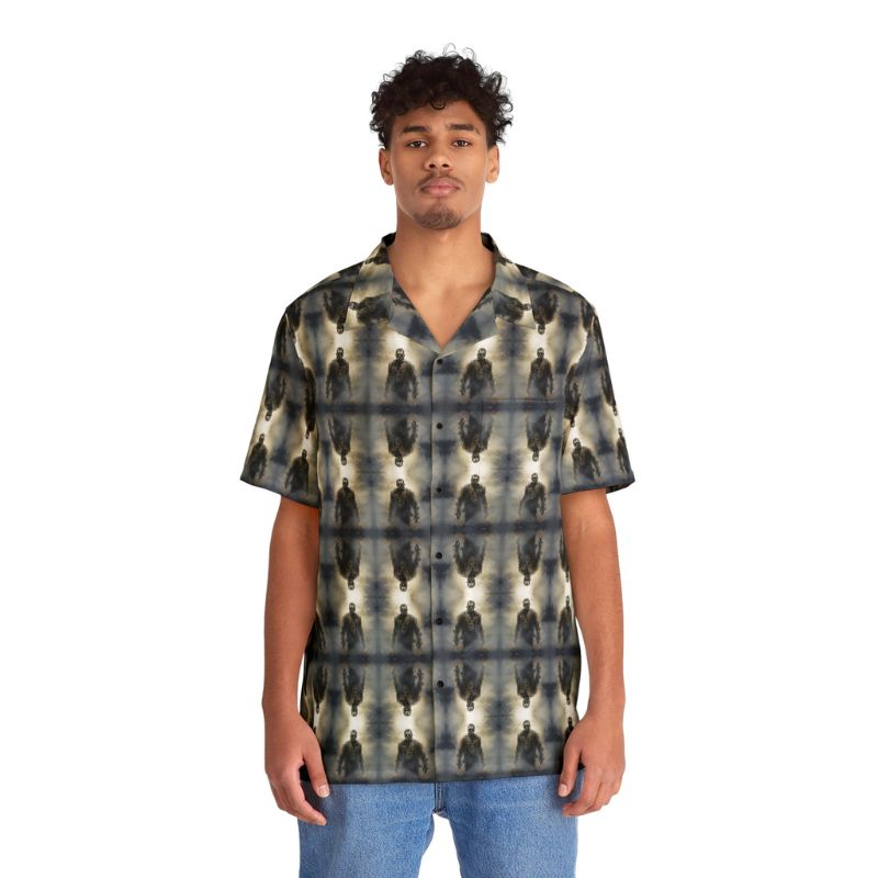 "Frankenstein" men’s Hawaiian shirt with gothic horror creature graphic in monster aloha pattern; front view; on model.
