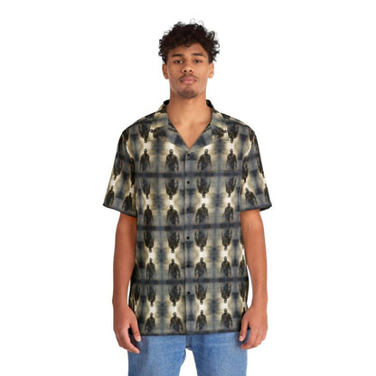 "Frankenstein" men’s Hawaiian shirt with gothic horror creature graphic in monster aloha pattern; front view; on model.
