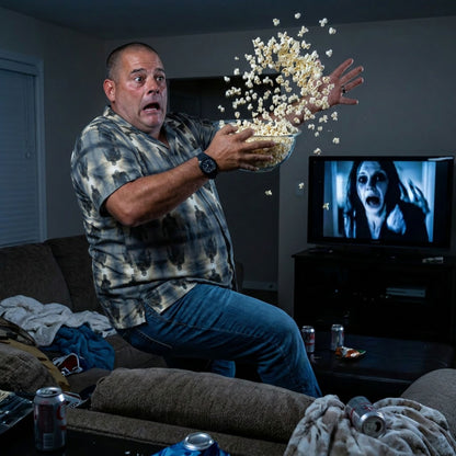 "Frankenstein" men’s Hawaiian shirt with gothic horror creature graphic in monster aloha pattern;three-quarter view; on model startled in a living room throws popcorn into the air with  a TV showing a horror movie

