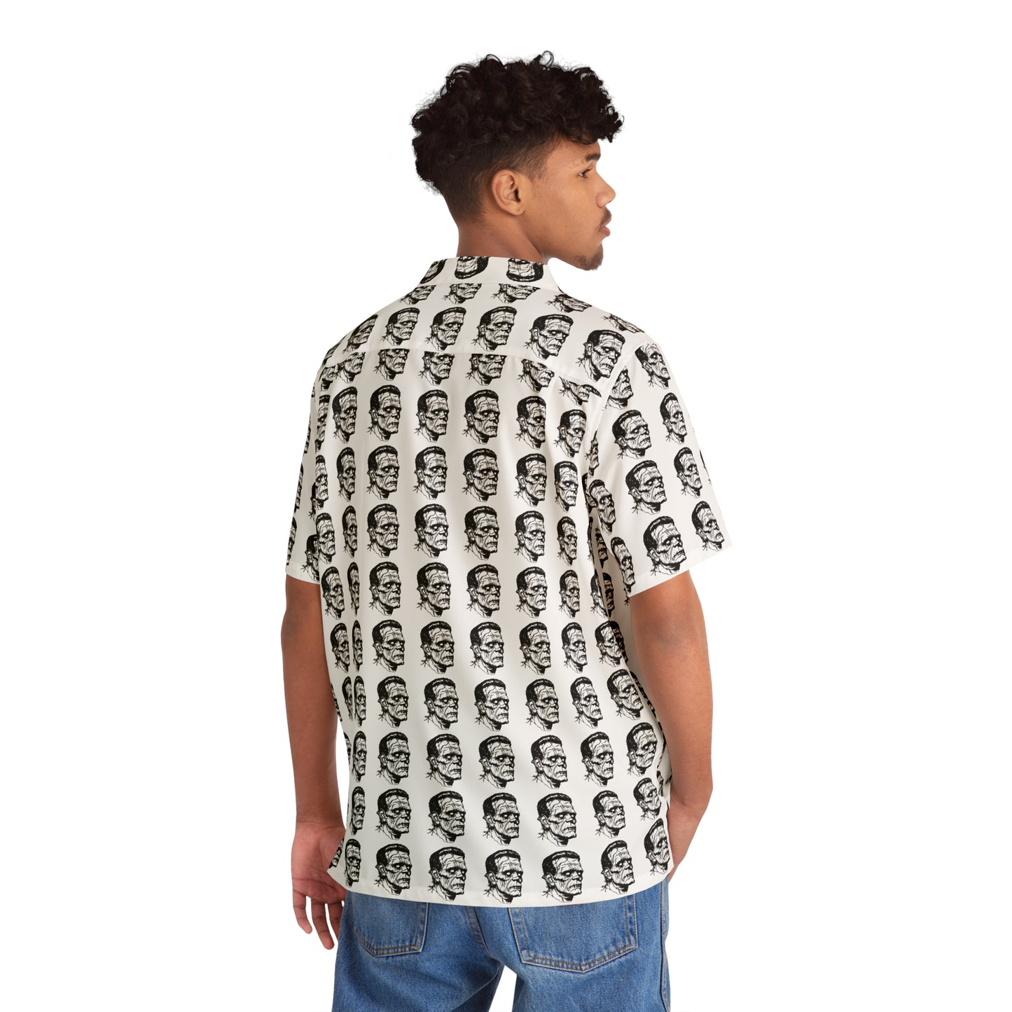 "Frankenstein Head" men's Hawaiian shirt with gothic horror creature graphic in monster aloha pattern; back view; on model.

