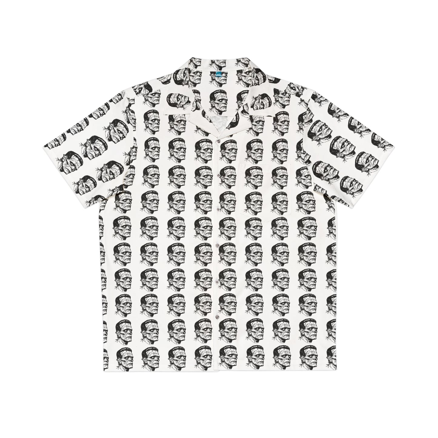 "Frankenstein Head" men's Hawaiian shirt with gothic horror creature graphic in monster aloha pattern; front view; flat lay.

