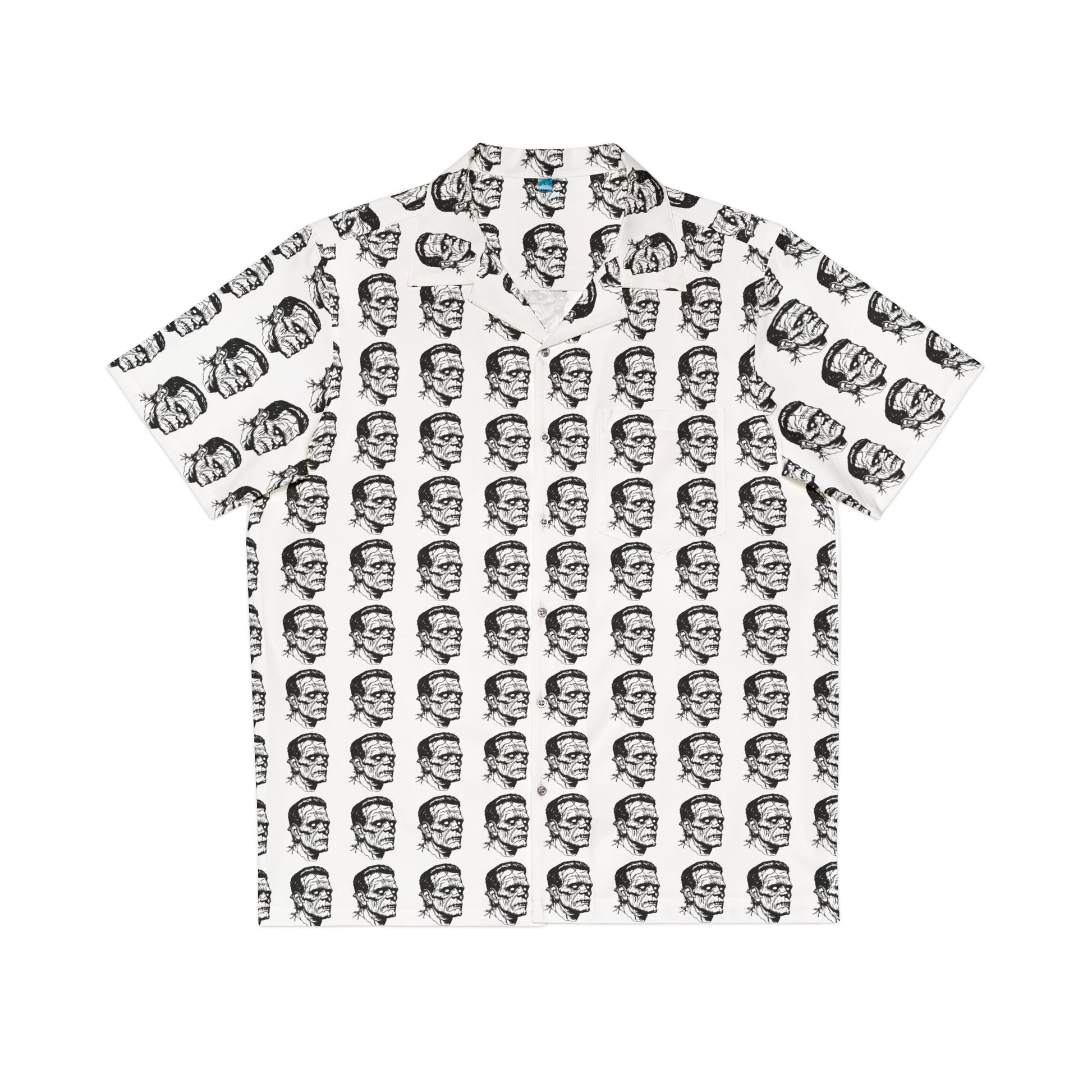 "Frankenstein Head" men's Hawaiian shirt with gothic horror creature graphic in monster aloha pattern; front view; flat lay.
