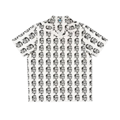 "Frankenstein Head" men's Hawaiian shirt with gothic horror creature graphic in monster aloha pattern; front view; flat lay.
