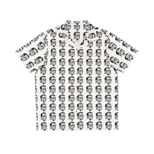 "Frankenstein Head" men's Hawaiian shirt with gothic horror creature graphic in monster aloha pattern; front view; flat lay.
