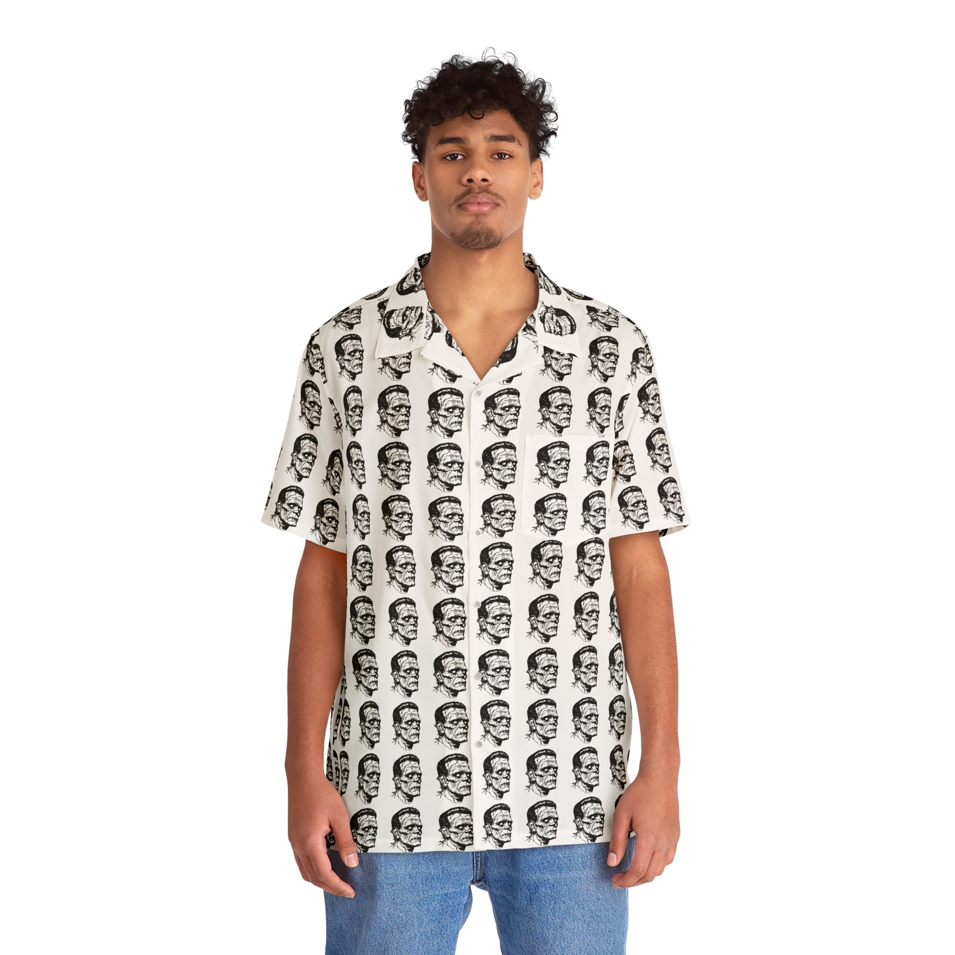 "Frankenstein Head" men’s Hawaiian shirt with gothic horror creature graphic in monster aloha pattern; front view; on model.
