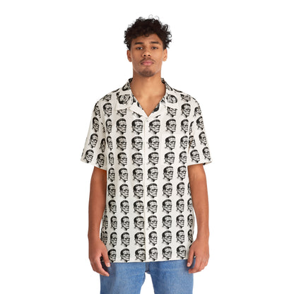 "Frankenstein Head" men’s Hawaiian shirt with gothic horror creature graphic in monster aloha pattern; front view; on model.
