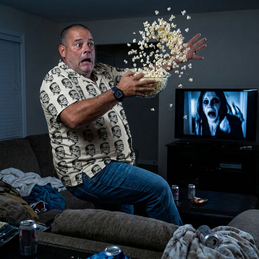 "Frankenstein Head" men’s Hawaiian shirt with gothic horror creature graphic in monster aloha pattern;three-quarter view; on model startled in a living room throws popcorn into the air with  a TV showing a horror movie

