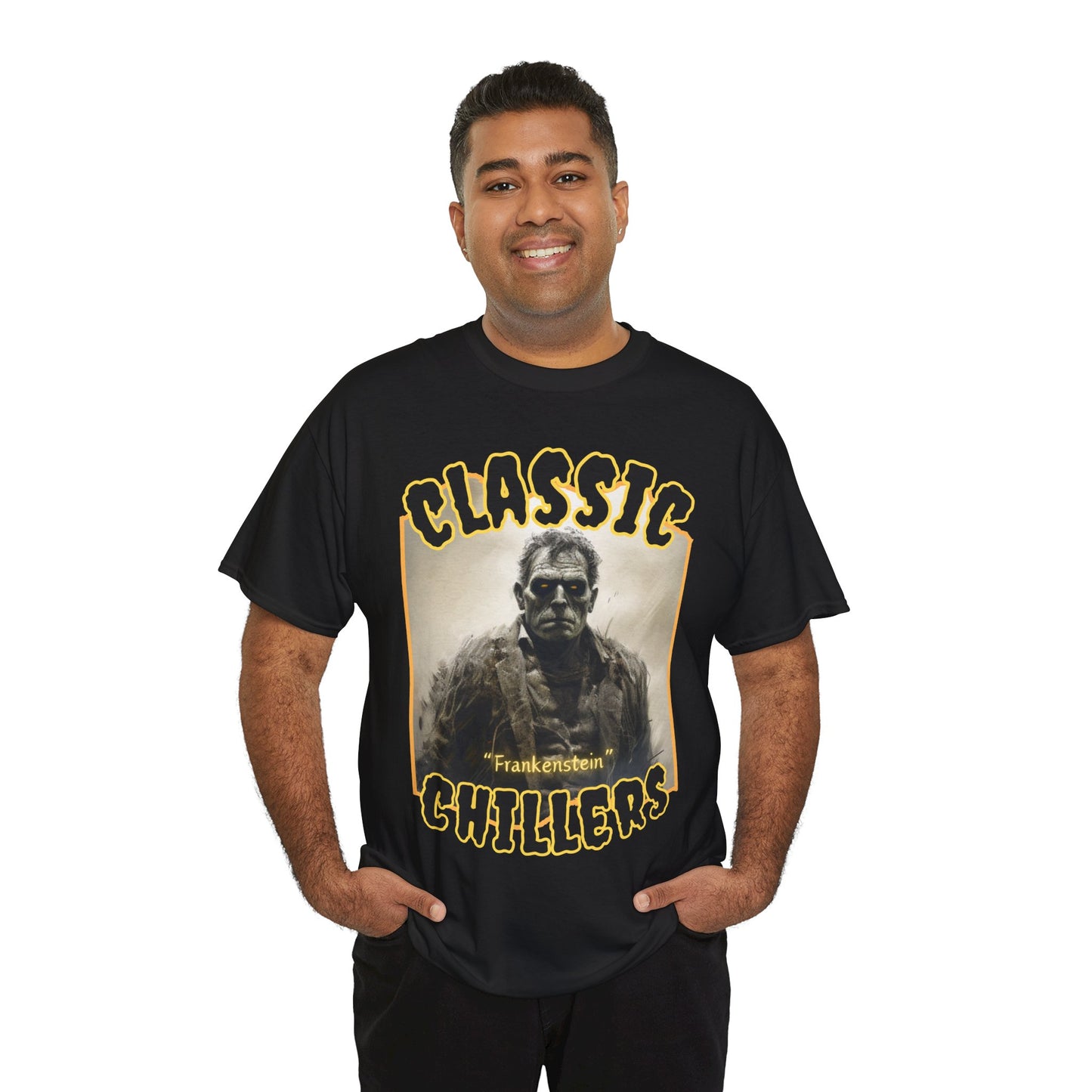 "Frankenstein" black t-shirt with gothic horror monster graphic and classic chillers logo; front view; on model.

