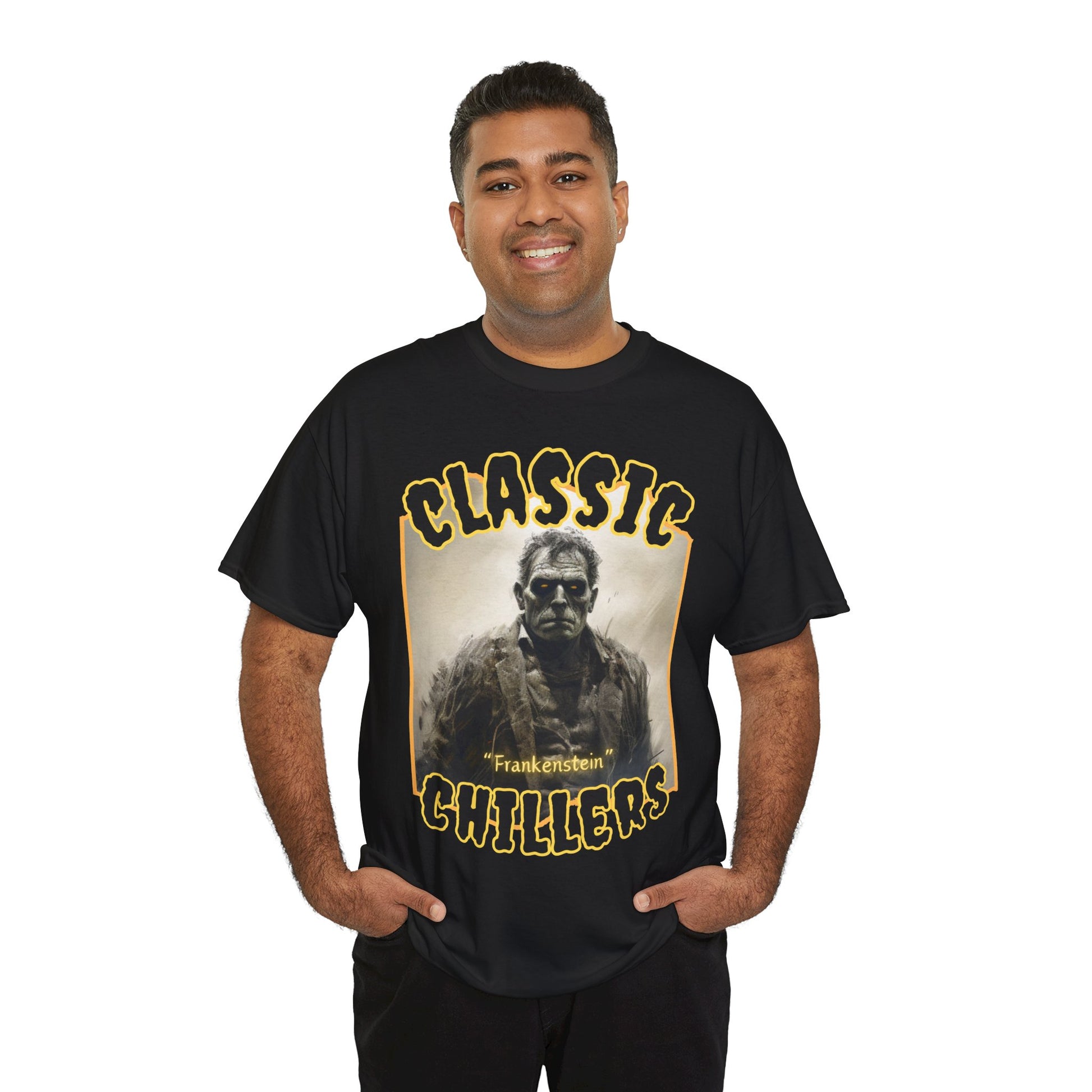 "Frankenstein" black t-shirt with gothic horror monster graphic and classic chillers logo; front view; on model.
