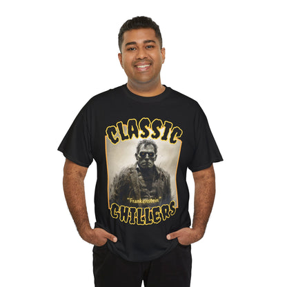 "Frankenstein" black t-shirt with gothic horror monster graphic and classic chillers logo; front view; on model.
