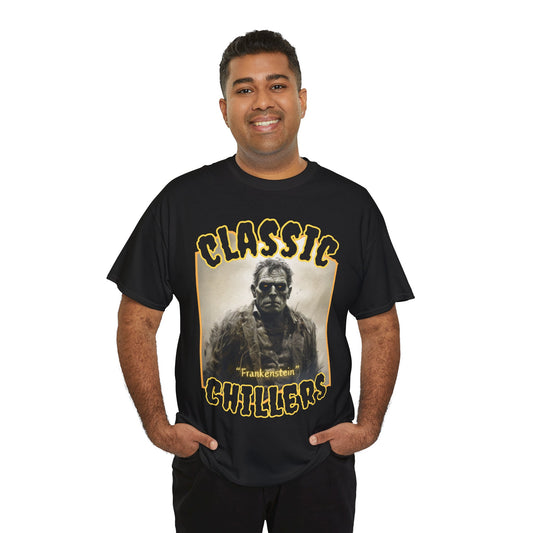 "Frankenstein" black t-shirt with gothic horror monster graphic and classic chillers logo; front view; on model.
