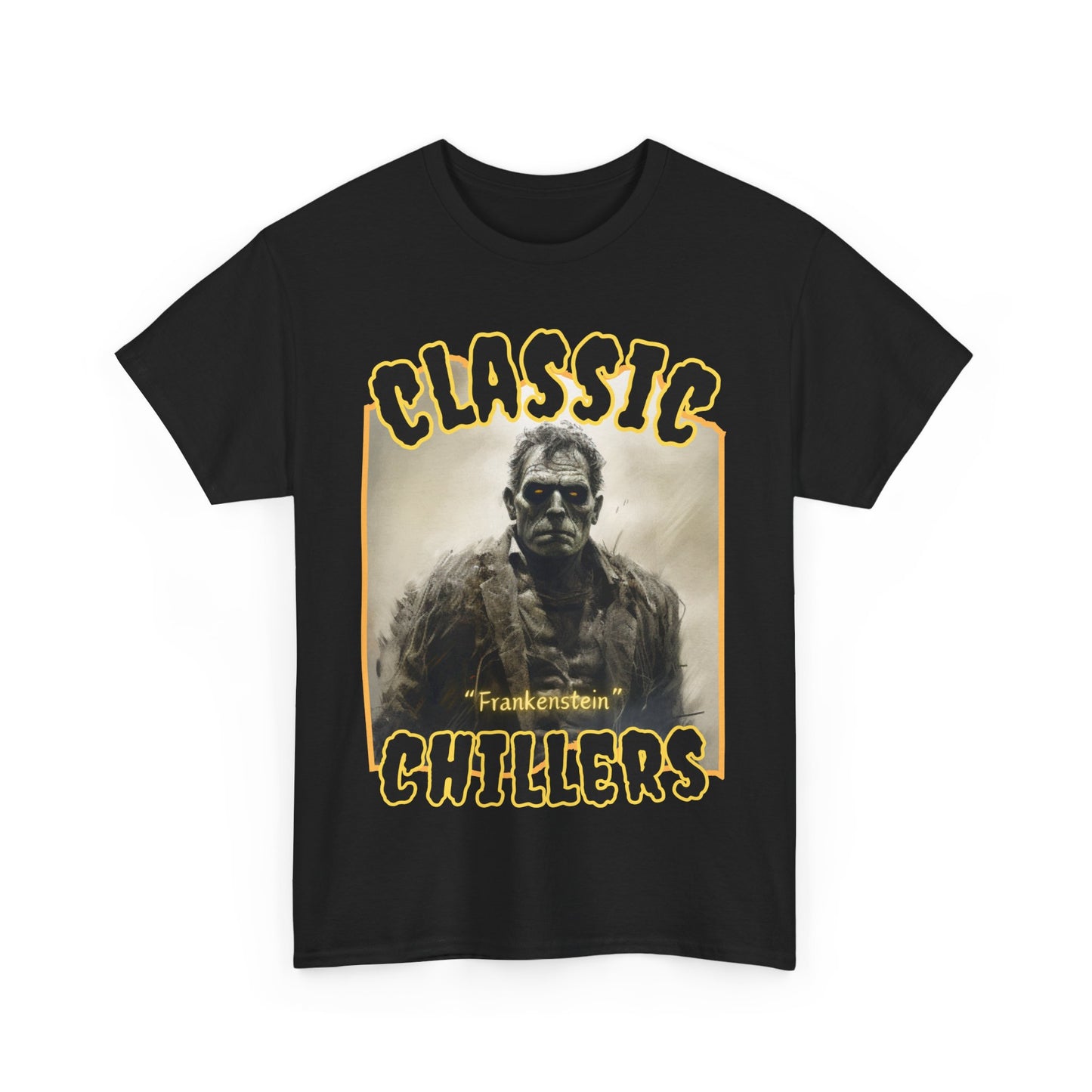 "Frankenstein" black t-shirt with gothic horror monster graphic and classic chillers logo; front view; flat lay.
