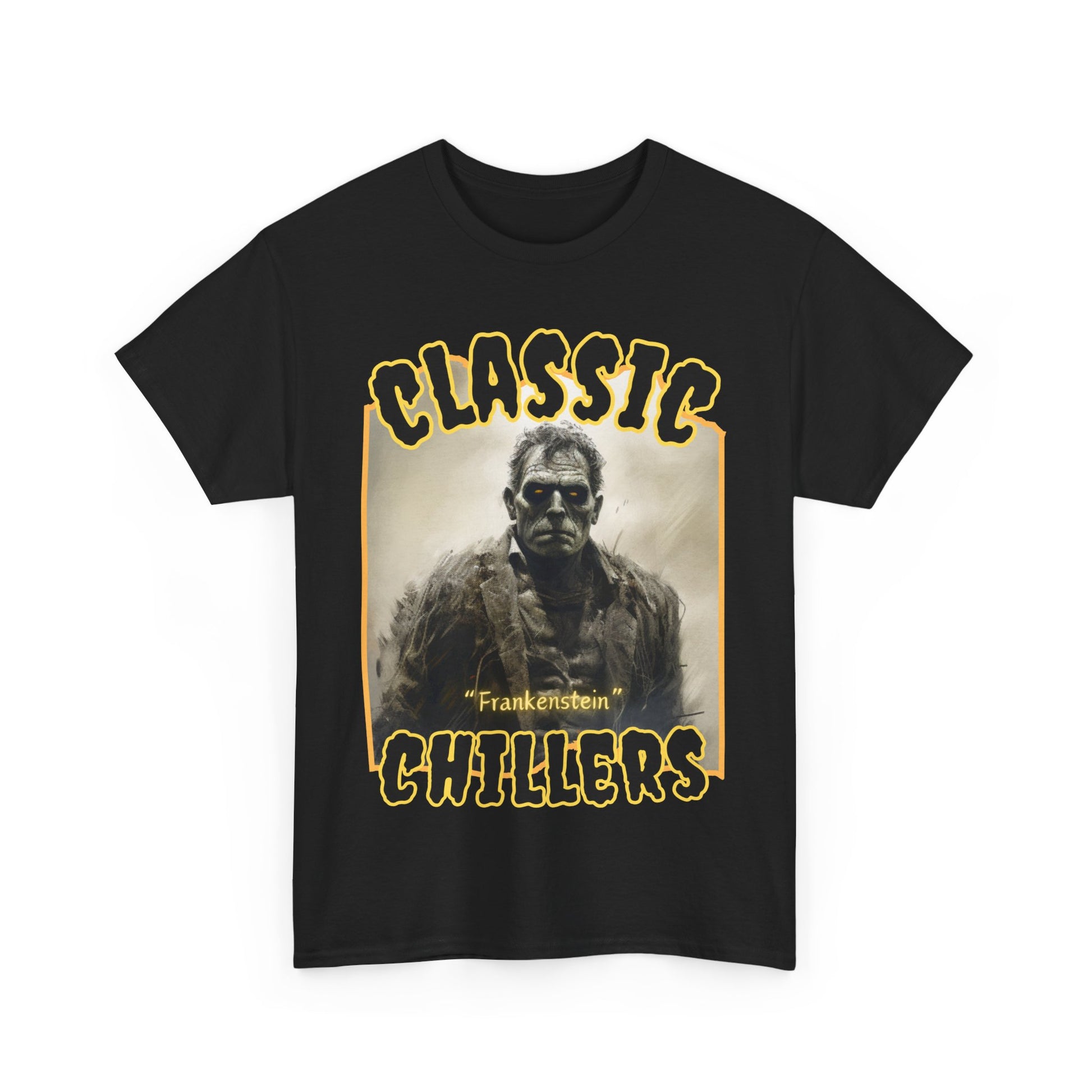 "Frankenstein" black t-shirt with gothic horror monster graphic and classic chillers logo; front view; flat lay.
