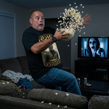 "Frankenstein" black t-shirt with gothic horror monster graphic and classic chillers logo; three-quarter view; on model startled in a living room throws popcorn into the air with  a TV showing a horror movie
