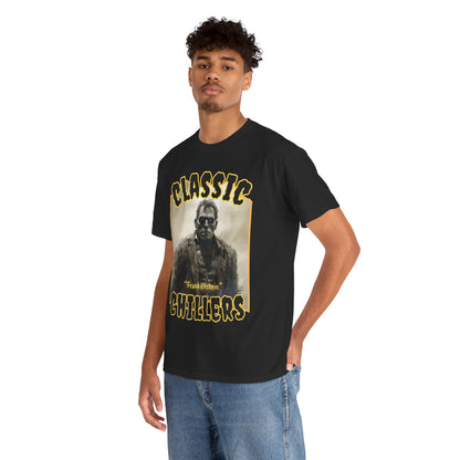 "Frankenstein" black t-shirt with gothic horror monster graphic and classic chillers logo; three-quarter view; on model.
