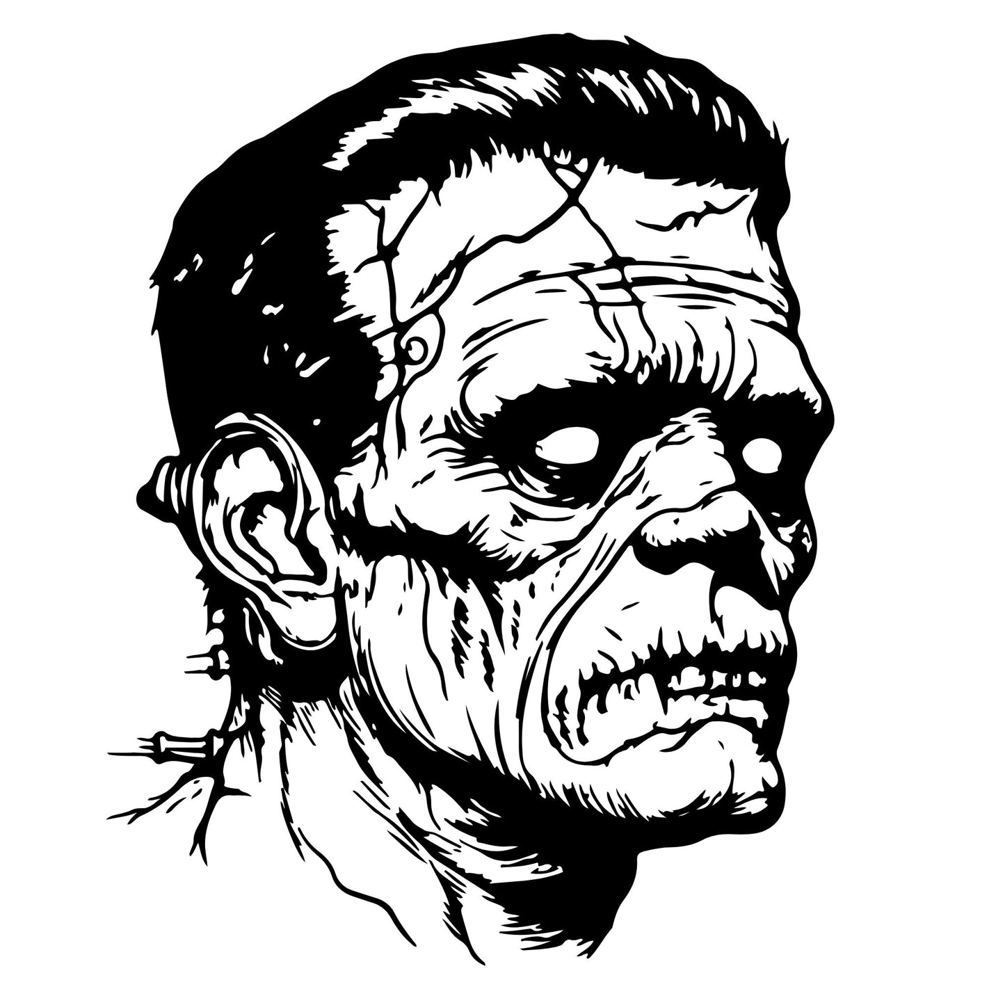 "Frakenstein's Head" a black ink likeness of the famous inhuman monster.