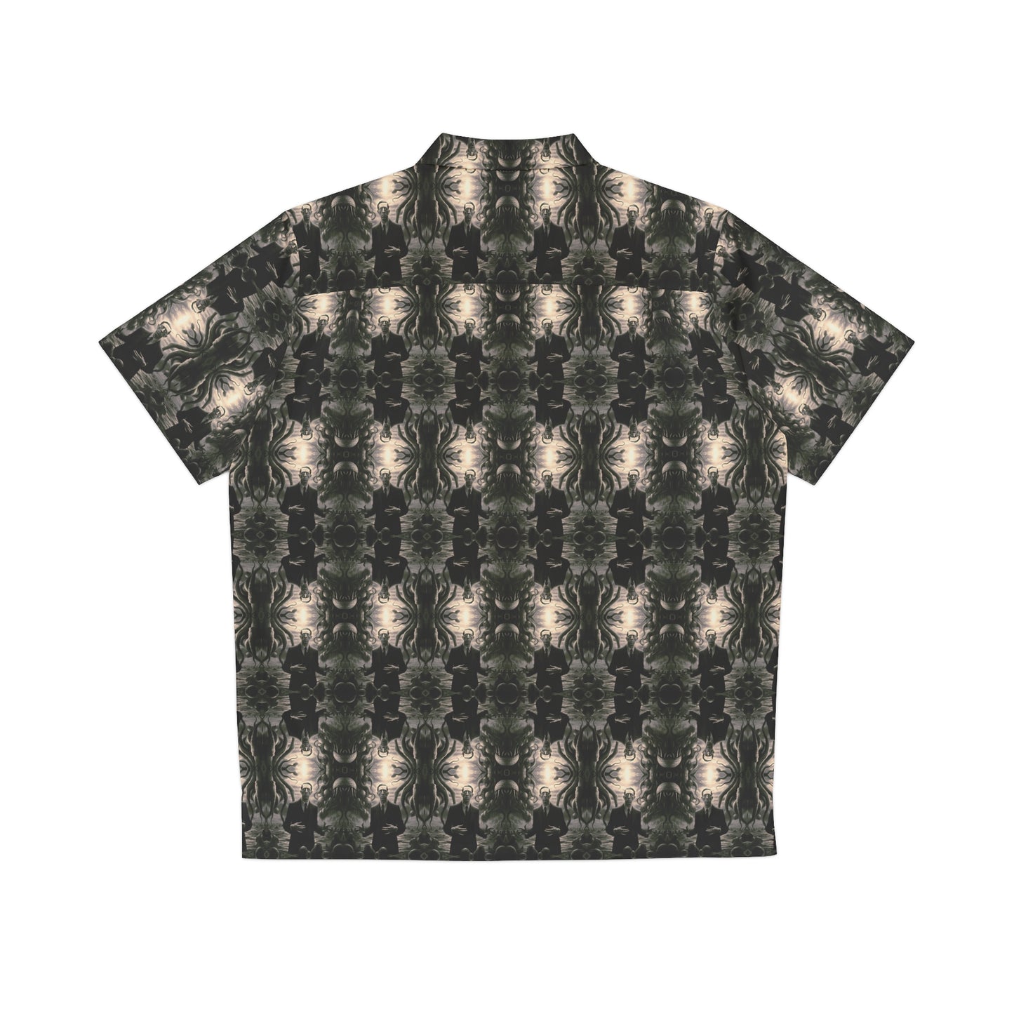 "H. P. Lovecraft" men's Hawaiian shirt with tentacled cosmic horror graphic in monster aloha pattern; back view; flat lay.
