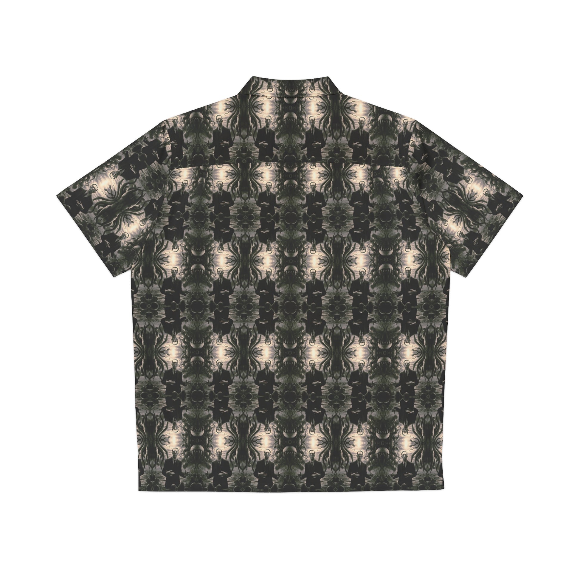 "H. P. Lovecraft" men's Hawaiian shirt with tentacled cosmic horror graphic in monster aloha pattern; back view; flat lay.
