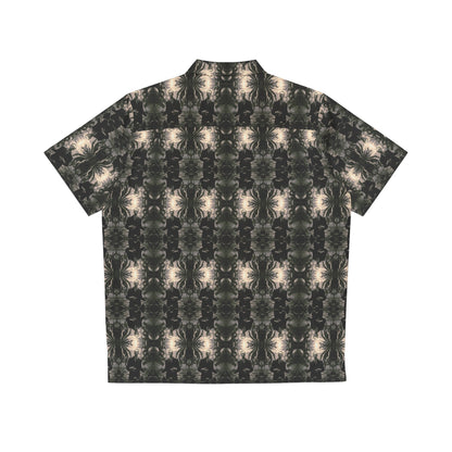"H. P. Lovecraft" men's Hawaiian shirt with tentacled cosmic horror graphic in monster aloha pattern; back view; flat lay.
