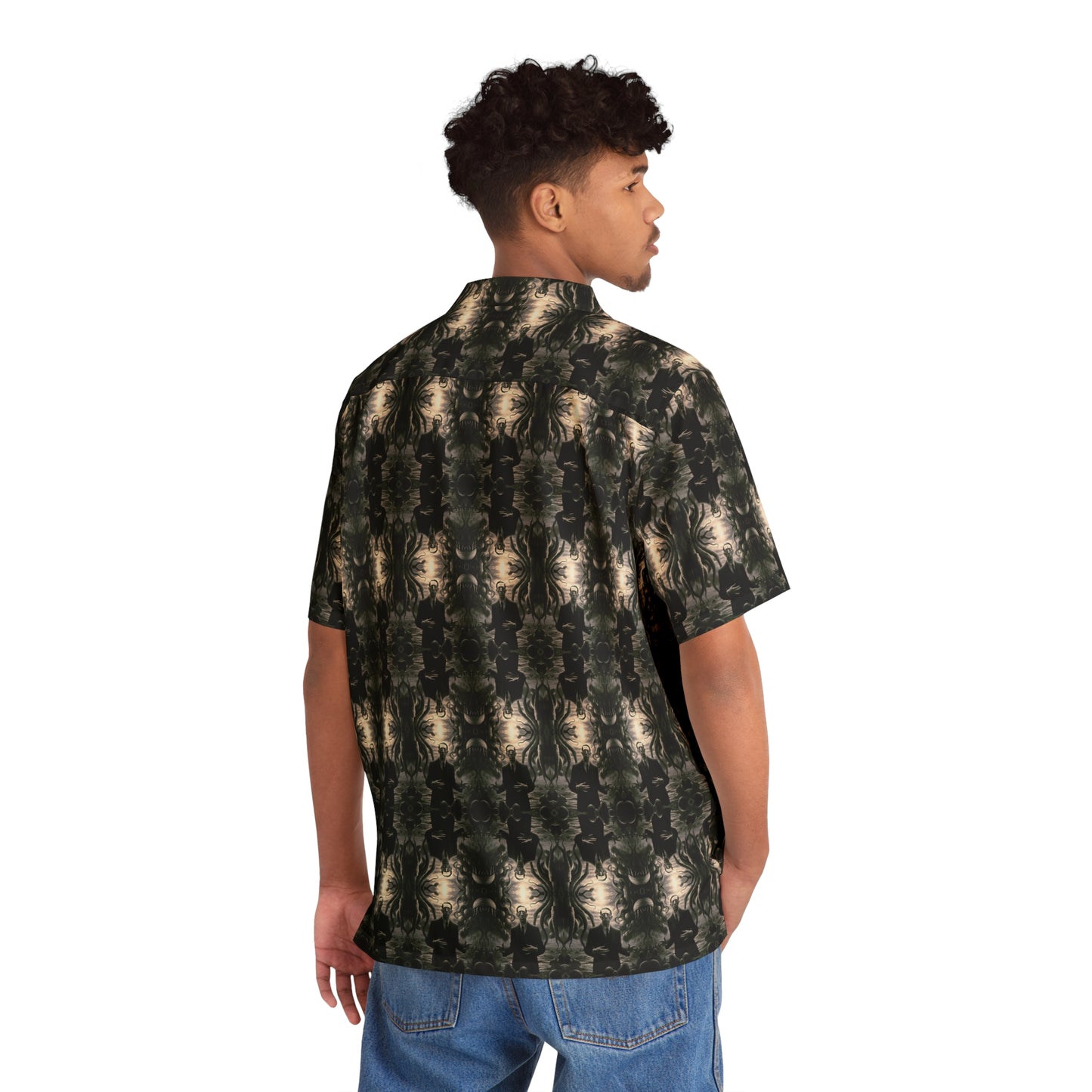 "H. P. Lovecraft" men's Hawaiian shirt with tentacled cosmic horror graphic in monster aloha pattern; back view; on model.
