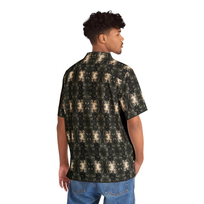 "H. P. Lovecraft" men's Hawaiian shirt with tentacled cosmic horror graphic in monster aloha pattern; back view; on model.

