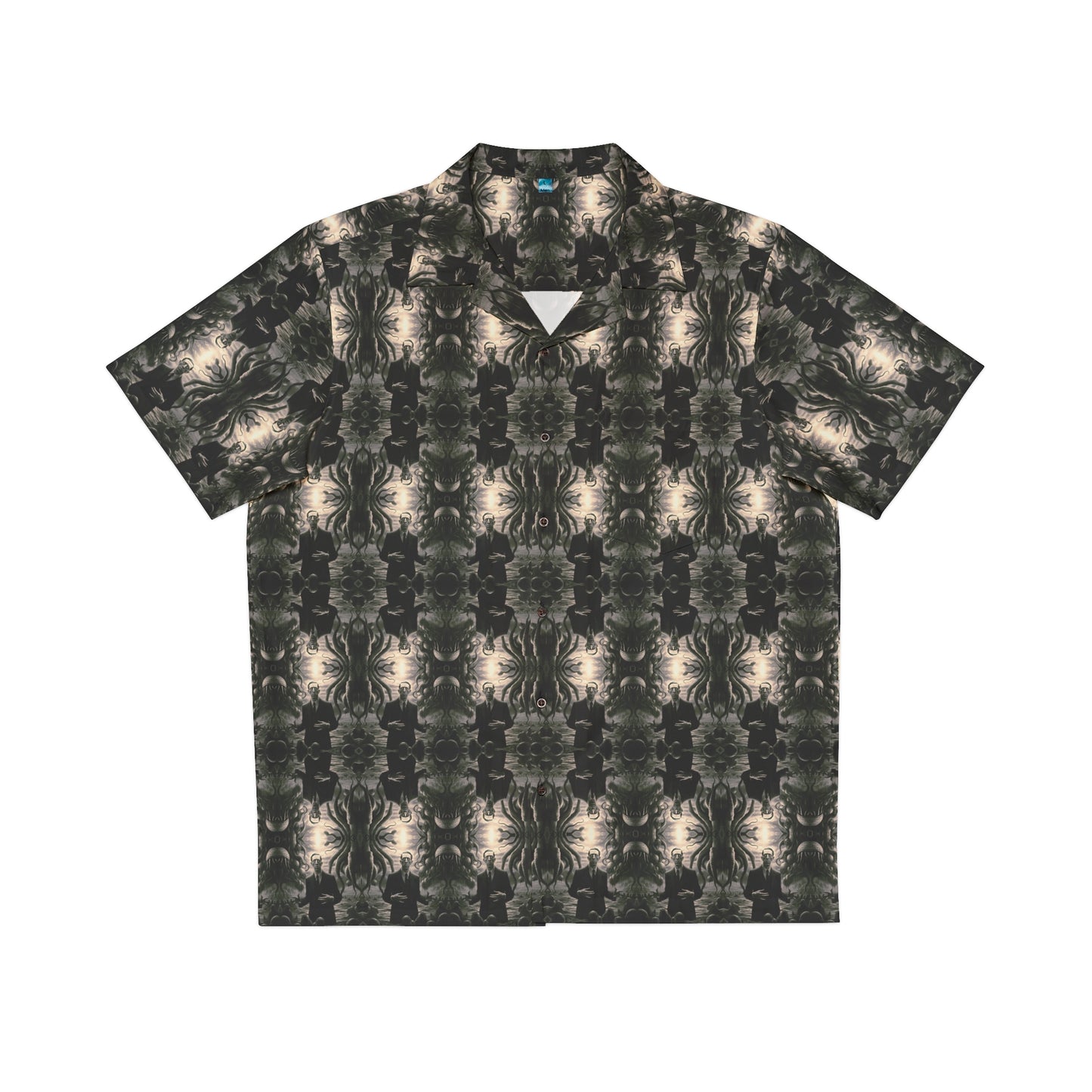 "H. P. Lovecraft" men's Hawaiian shirt with tentacled cosmic horror graphic in monster aloha pattern; front view; flat lay.
