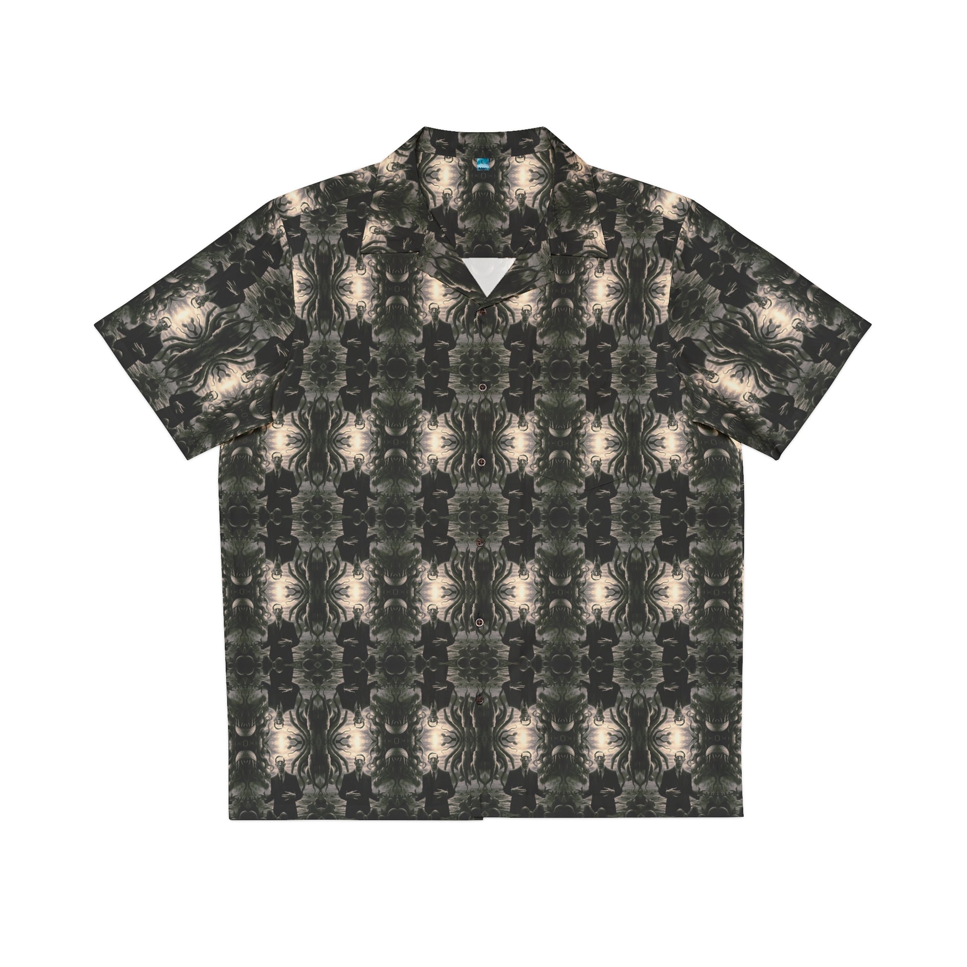 "H. P. Lovecraft" men's Hawaiian shirt with tentacled cosmic horror graphic in monster aloha pattern; front view; flat lay.
