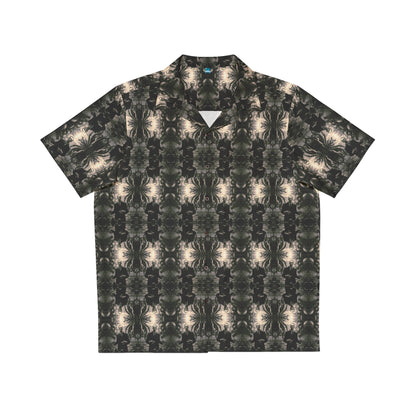 "H. P. Lovecraft" men's Hawaiian shirt with tentacled cosmic horror graphic in monster aloha pattern; front view; flat lay.
