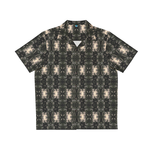 "H. P. Lovecraft" men's Hawaiian shirt with tentacled cosmic horror graphic in monster aloha pattern; front view; flat lay.

