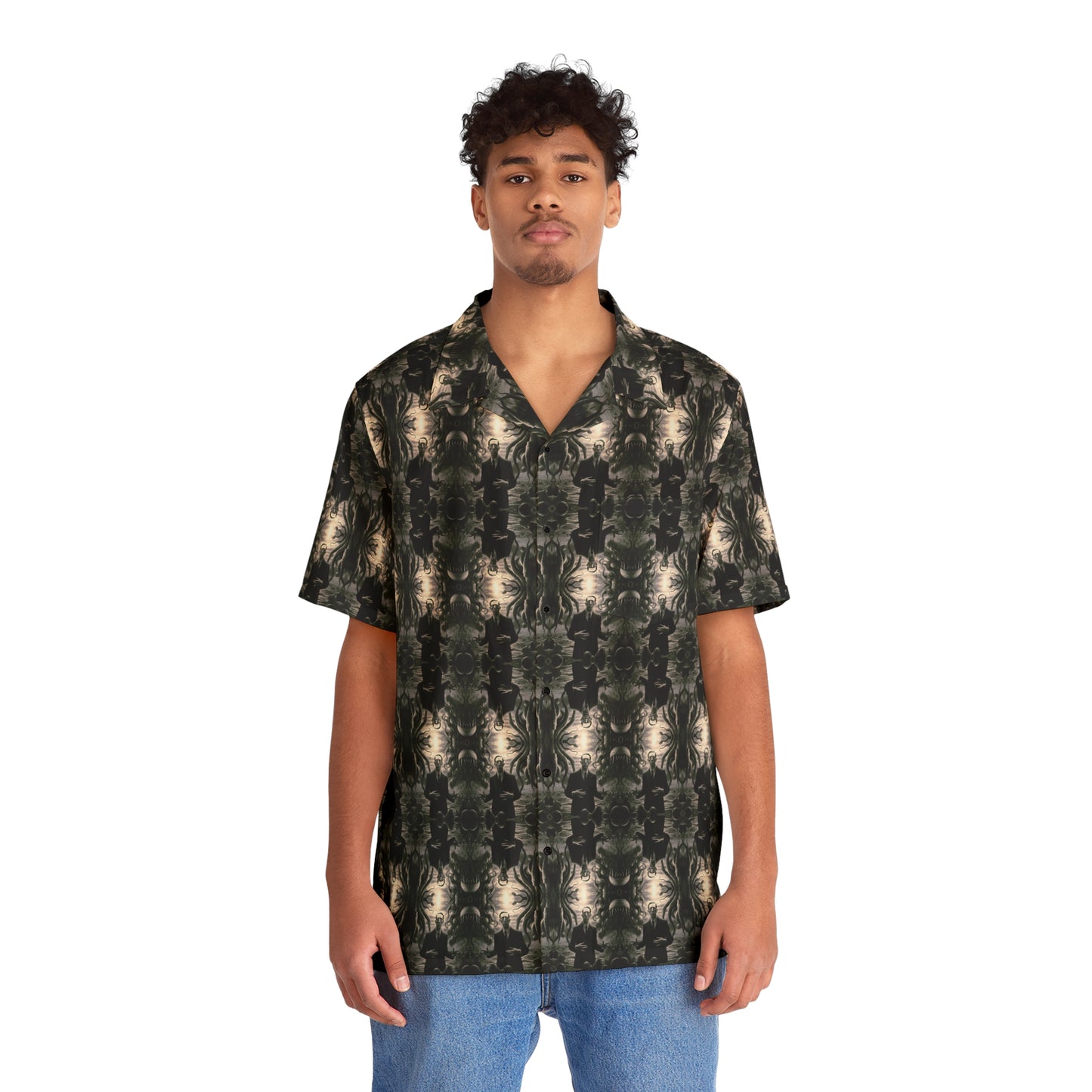 "H. P. Lovecraft" men’s Hawaiian shirt with tentacled cosmic horror graphic in monster aloha pattern; front view; on model.
