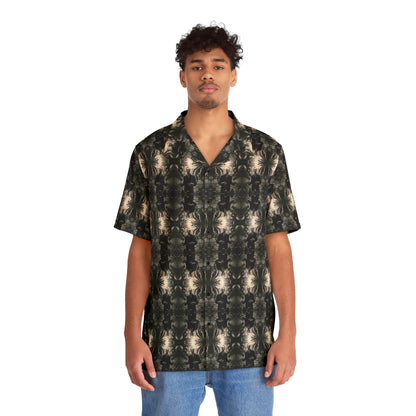 "H. P. Lovecraft" men’s Hawaiian shirt with tentacled cosmic horror graphic in monster aloha pattern; front view; on model.
