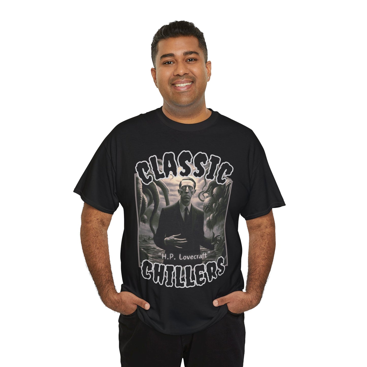 "H.P. Lovecraft" black t-shirt with tentacled cosmic horror graphic and classic chillers logo; front view; on model.
