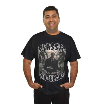 "H.P. Lovecraft" black t-shirt with tentacled cosmic horror graphic and classic chillers logo; front view; on model.
