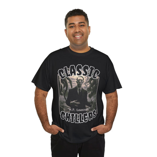 "H.P. Lovecraft" black t-shirt with tentacled cosmic horror graphic and classic chillers logo; front view; on model.
