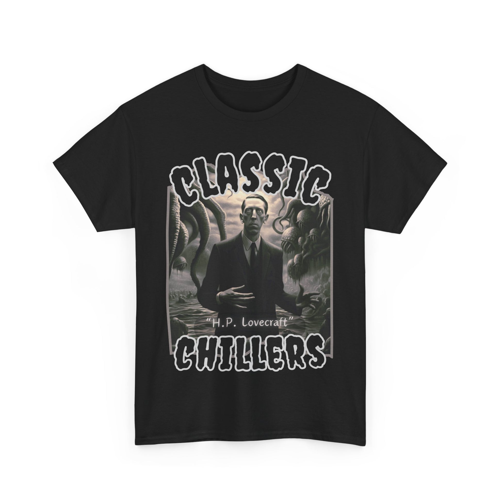 "H.P. Lovecraft" black t-shirt with tentacled cosmic horror graphic and classic chillers logo; front view; flat lay.
