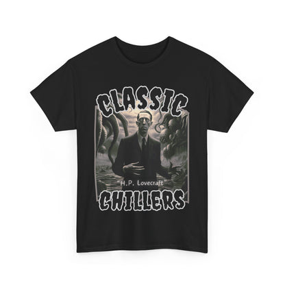 "H.P. Lovecraft" black t-shirt with tentacled cosmic horror graphic and classic chillers logo; front view; flat lay.
