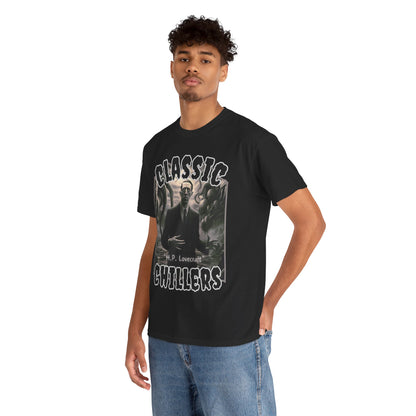 "H.P. Lovecraft" black t-shirt with tentacled cosmic horror graphic and classic chillers logo; three-quarter view; on model.
