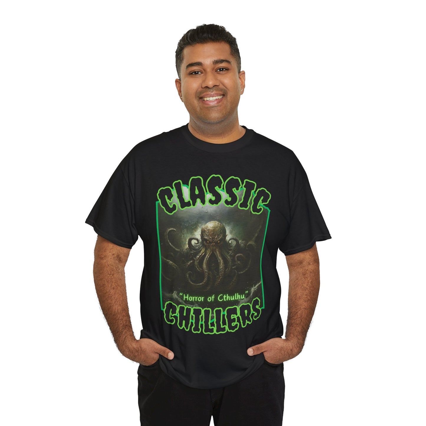 "Horror of Cthulhu" black t-shirt with eldritch tentacle god graphic and classic chillers logo; front view; on model.
