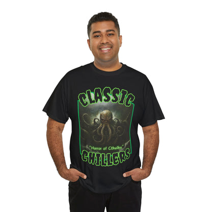 "Horror of Cthulhu" black t-shirt with eldritch tentacle god graphic and classic chillers logo; front view; on model.
