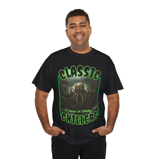 "Horror of Cthulhu" black t-shirt with eldritch tentacle god graphic and classic chillers logo; front view; on model.
