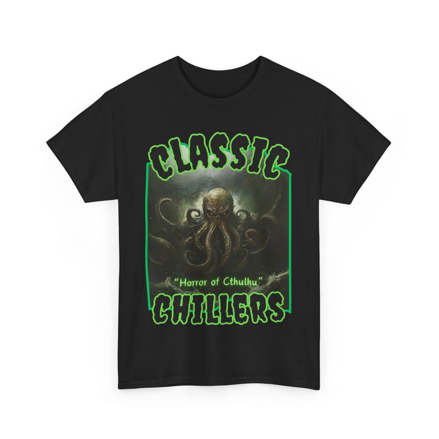 "Horror of Cthulhu" black t-shirt with eldritch tentacle god graphic and classic chillers logo; front view; flat lay.
