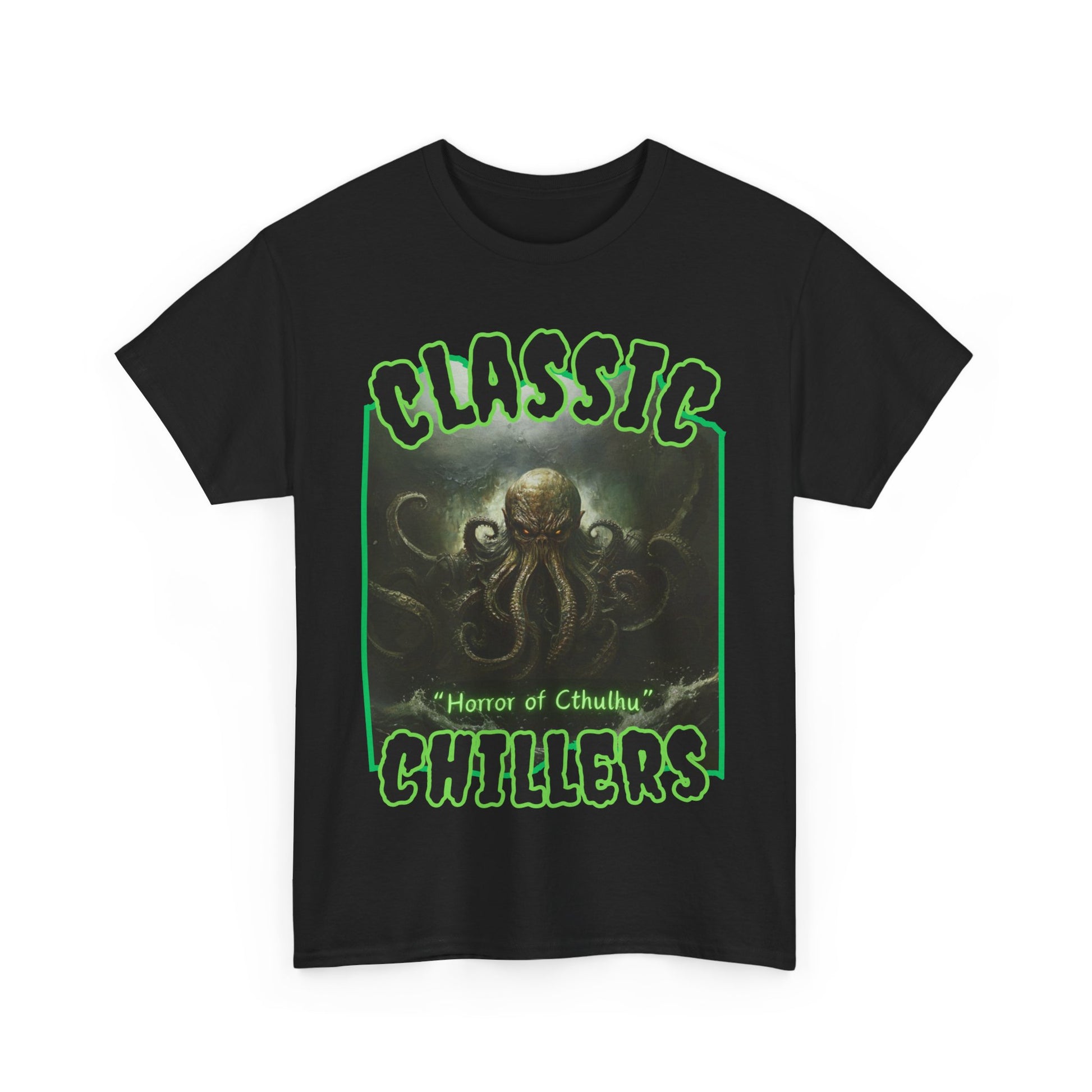 "Horror of Cthulhu" black t-shirt with eldritch tentacle god graphic and classic chillers logo; front view; flat lay.
