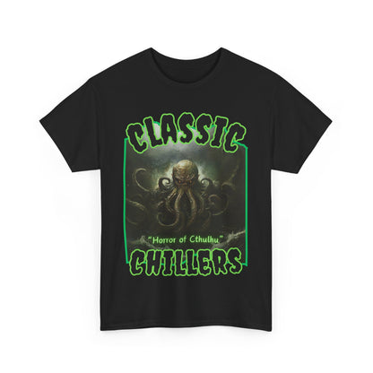 "Horror of Cthulhu" black t-shirt with eldritch tentacle god graphic and classic chillers logo; front view; flat lay.
