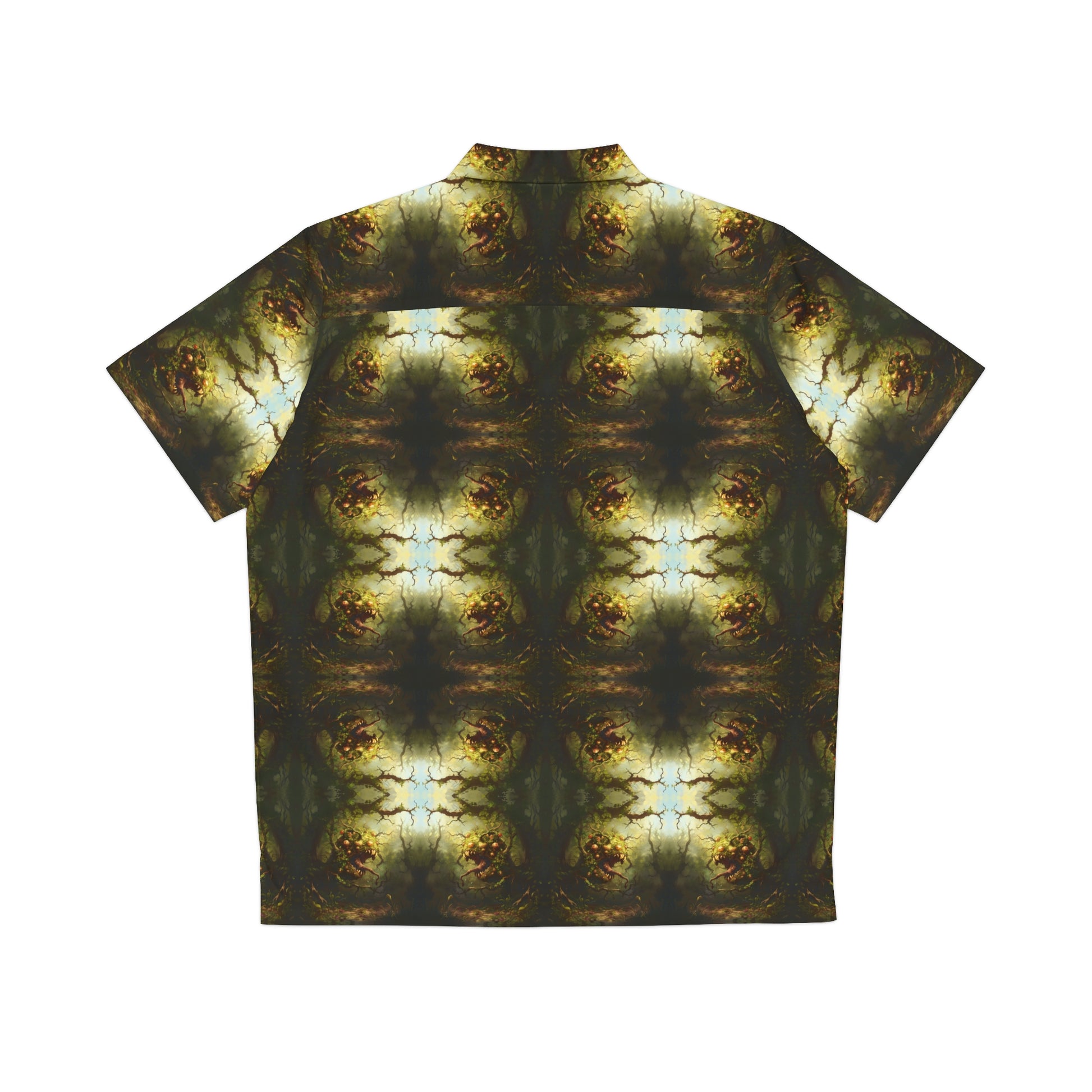 "Hungry Garden" men's Hawaiian shirt with mutant killer plant graphic in monster aloha pattern; back view; flat lay.

