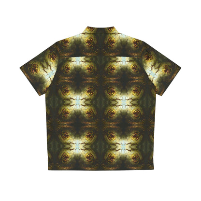 "Hungry Garden" men's Hawaiian shirt with mutant killer plant graphic in monster aloha pattern; back view; flat lay.
