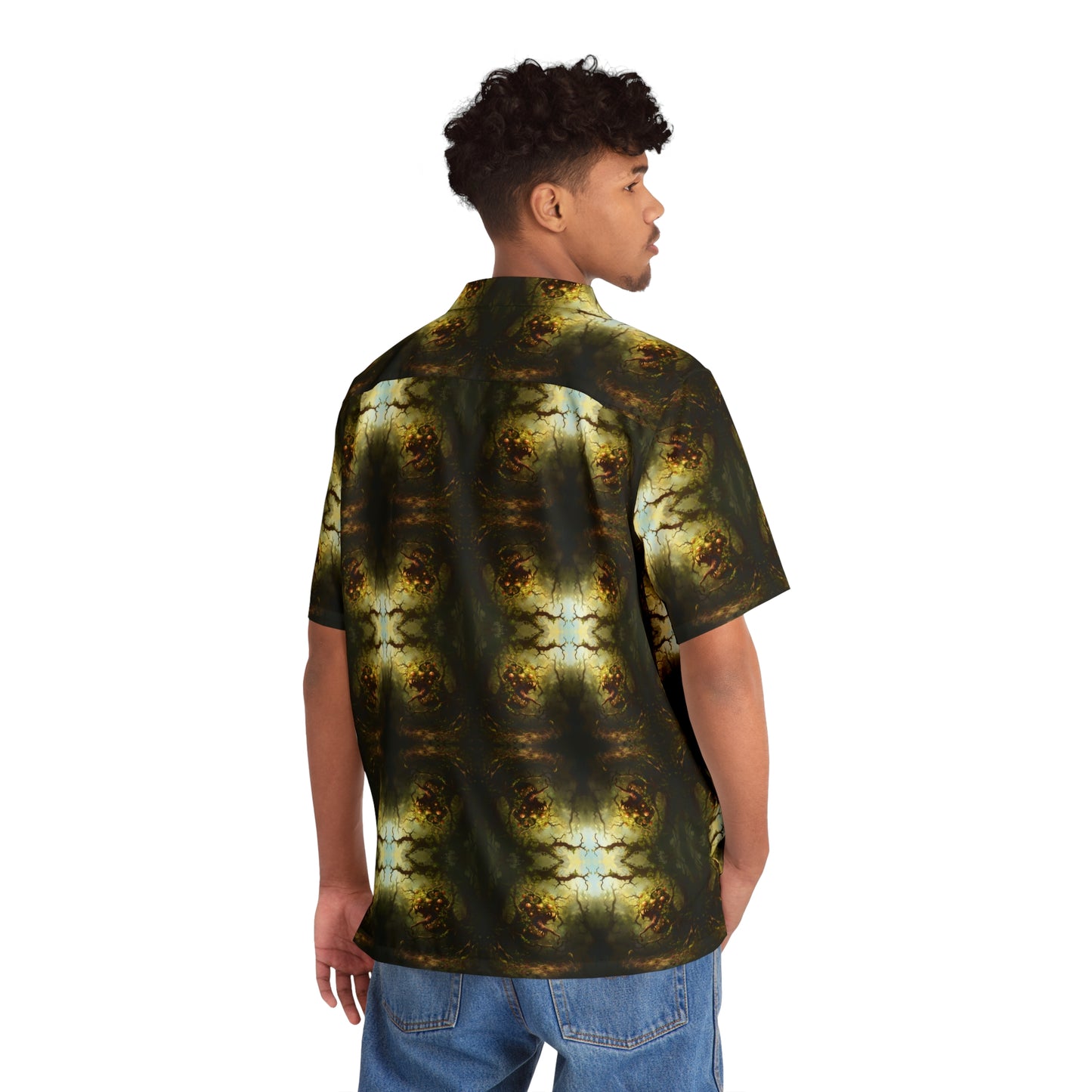 "Hungry Garden" men's Hawaiian shirt with mutant killer plant graphic in monster aloha pattern; back view; on model.
