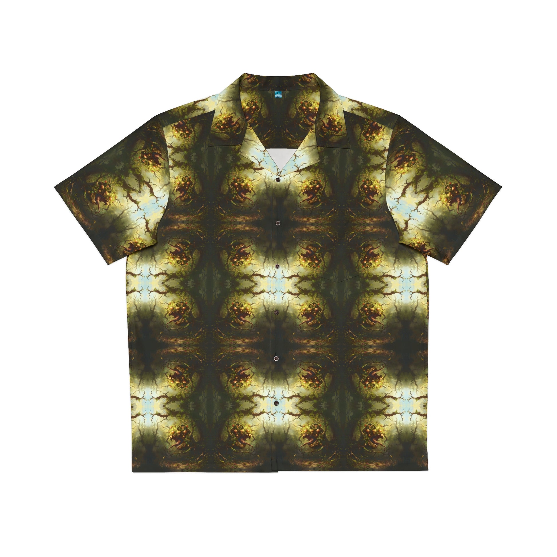 "Hungry Garden" men's Hawaiian shirt with mutant killer plant graphic in monster aloha pattern; front view; flat lay.
