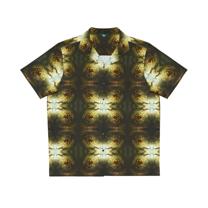 "Hungry Garden" men's Hawaiian shirt with mutant killer plant graphic in monster aloha pattern; front view; flat lay.

