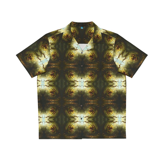 "Hungry Garden" men's Hawaiian shirt with mutant killer plant graphic in monster aloha pattern; front view; flat lay.
