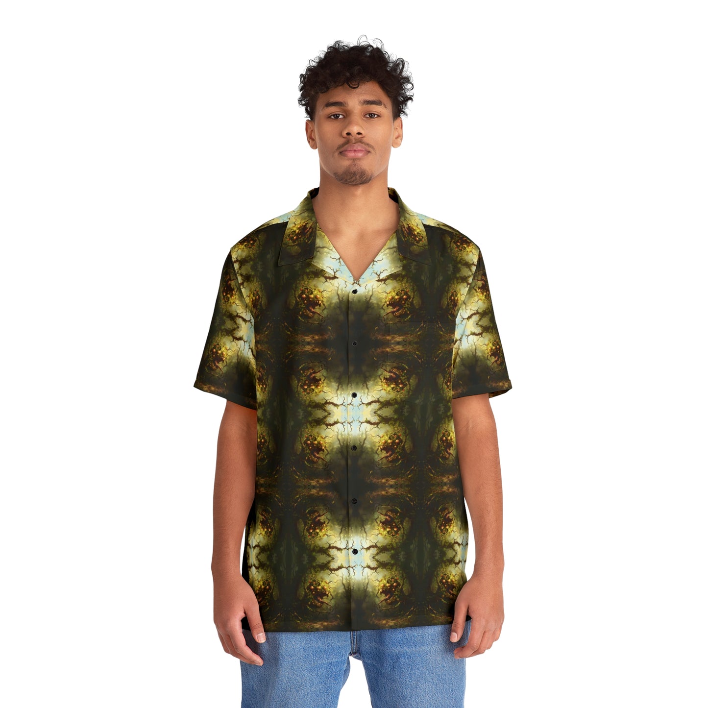 "Hungry Garden" men’s Hawaiian shirt with mutant killer plant graphic in monster aloha pattern; front view; on model.
